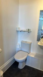 a bathroom with a white toilet and a mirror at The Cairns Leven Fife in Fife