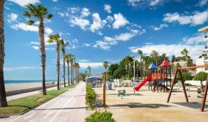 un parque infantil en la playa con palmeras en Atico Solarium La Cala en Miami Platja