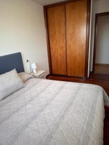 1 dormitorio con 1 cama grande y armario de madera en PISO OROSO NO CAMIÑO en Sigüeiro