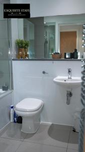 a bathroom with a toilet and a sink at Exquisite, 2 bed apartment with free parking! in Coventry