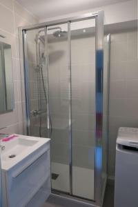 une douche avec une porte vitrée à côté d'un lavabo dans l'établissement Appartement 3 étoiles avec belle vue sur mer à PERROS-GUIREC - ref 835, à Perros-Guirec
