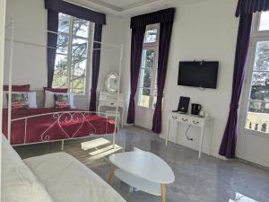 a living room with a bed and a tv at Château de la Rocherie in Varennes Vauzelles