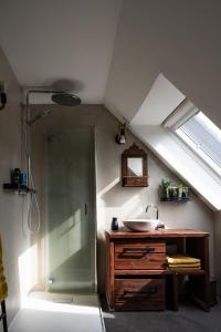 een badkamer met een douche en een wastafel bij „Maisonette- Apartment“ in Essen