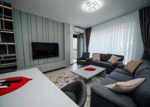 a living room with a couch and a tv at Nil's Apartments in Peje
