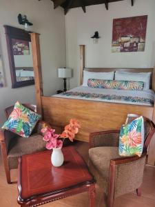una camera da letto con un letto, due sedie e un tavolo di Samfi Gardens a Soufriere Altre 35 foto