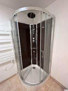 a shower with a glass door in a bathroom at La Perle Marine - Magnifique vue sur la mer in Saint-Brieuc +10 photos