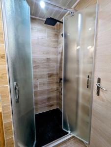 a shower stall in a bathroom with wooden walls at Logement indépendant 3 pièces Le Renard des Vosges in La Croix-aux-Mines