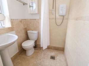 La salle de bains est pourvue de toilettes, d'un lavabo et d'une douche. dans l'établissement Monaloe, à Weymouth