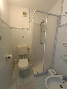 a bathroom with a shower and a toilet and a sink at A Casicedda in Lipari