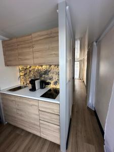 uma cozinha com um lavatório e armários de madeira em L'Escale Royale - Port de Saverne à 30' de Strasbourg em Saverne
