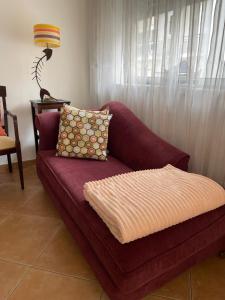 een paarse bank met kussens in de woonkamer bij Casa dos Pexins in Nazaré