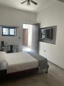 1 dormitorio con 1 cama y ventilador de techo en La Casa Mia Leon en León