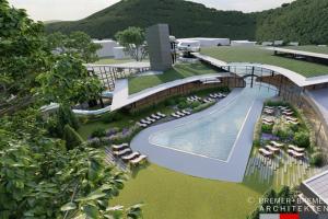a rendering of a swimming pool with chairs and a building at Gemütlicher Ferienbungalow in Usseln bei Willingen, kostenloses WLAN in Willingen