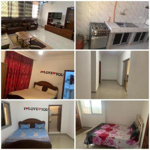 a collage of four pictures of a kitchen and a living room at Appartement chambre meublée 1 in Dakar