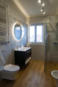 a bathroom with a sink and a toilet and a shower at Apartament Nr 2 Zaułek Portowy in Ustka