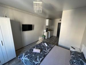 a bedroom with a bed and a tv in it at Marina Portului Studio in Galaţi