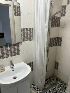 a bathroom with a sink and a shower at Marina Portului Studio in Galaţi