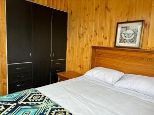 um quarto com uma cama e uma parede de madeira em Country home with grill em Latacunga