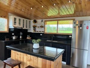 a kitchen with black counters and a stainless steel refrigerator at Country home with grill in Latacunga