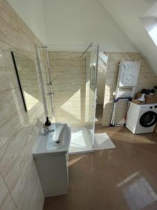 a bathroom with a sink and a glass shower at Apartamenty Świerkowa #2 in Ząbkowice Śląskie
