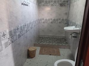 ein Bad mit einer Dusche, einem WC und einem Waschbecken in der Unterkunft Le bijou chez laineda in Mt Bois Noir