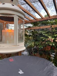 a candle in a lantern in a greenhouse at The Garden Annexe in Longhope