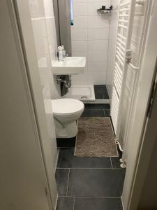 a small bathroom with a toilet and a sink at Cozy 2 Rooms Apartment in Bochum