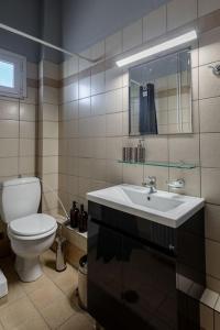 La salle de bains est pourvue de toilettes blanches et d'un lavabo. dans l'établissement GpxClr GuestSuiteNo2, à Larissa