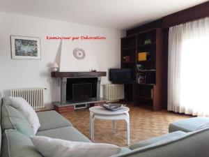 a living room with a couch and a fireplace at Casa Luisa Ferienhaus in Astano in Astano