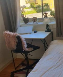 a desk with a bird on a chair next to a bed at Sentral leilighet, nært tog, buss, sykehus og byen in Bodø