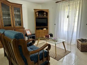 a living room with a chair and a tv at Dreams in Xisto in Piódão