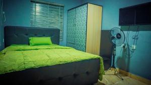 a bedroom with a green bed and a fan at Jimms Place in Owerri
