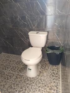 a bathroom with a toilet and a trash can at El paraíso de Zacatlán, Departamento con Terraza, 10 pax in Zacatlán