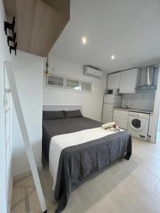 a small bedroom with a bed and a kitchen at Ole Tû - Vacaciones 2 in Benalmádena