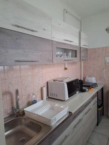 a kitchen counter with a microwave and a sink at BB Panorama apartman in Budapest