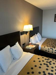 a hotel room with two beds and a lamp at Red Carpet Inn Quantico in Dumfries