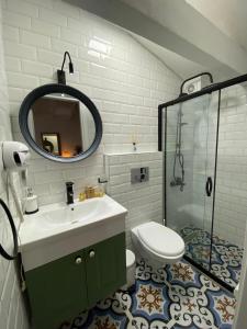 bagno con lavandino, servizi igienici e specchio di Kalyopi Köy Evi a Gokceada Town