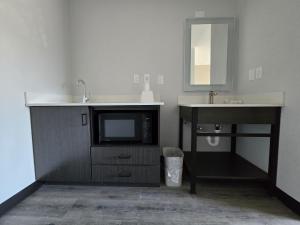 baño con lavabo, TV y barra. en Hilltop Express Inn, en Groton