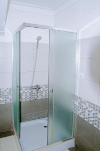 La salle de bains est pourvue d'une douche avec une porte en verre. dans l'établissement ORCHID BED&BREAKFAST Kigali, à Kigali