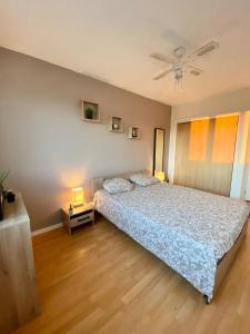 - une chambre avec un lit et un ventilateur de plafond dans l'établissement Le paisible, à Décines-Charpieu