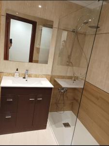 a bathroom with a sink and a shower at Centro-GASCONA con terraza, garaje y wifi gratuito in Oviedo