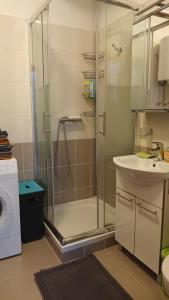 a bathroom with a shower and a sink and a washing machine at Apartman Sandra -private parking and garden in Zadar