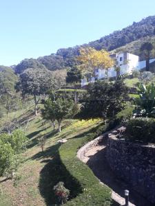 vista su un giardino alberato e su una collina di Hotel Fazenda Valaisan a Santa Maria Madalena