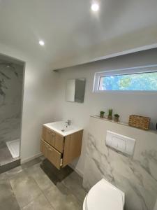 a bathroom with a sink and a toilet and a window at Gite U Licetu A la Campagne in Oreta