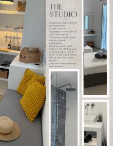 een collage van beelden van een slaapkamer en een badkamer bij Okeanos in Skiathos-stad