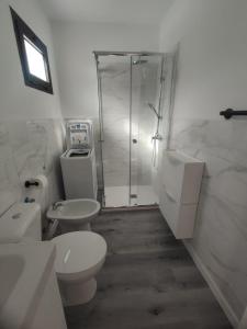 a bathroom with a shower and a toilet and a sink at Vista Playa Blanca in Puerto del Rosario