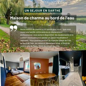 a collage of pictures of a room with a table at Charmant gîte au bord de la Sarthe - 3 chambres - 6 personnes in Fillé