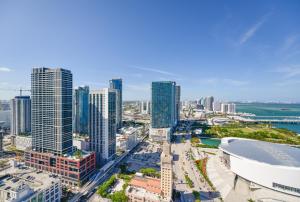 an aerial view of a city with tall buildings at Bayside Luxury: Studio Near Bayfront Park in Miami