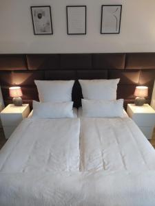 um quarto com uma grande cama branca e 2 candeeiros em Haus am Waldrand em Bad Hersfeld