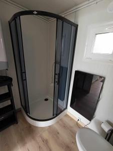 y baño con ducha y puerta de cristal. en Domki303, en Mszczonów